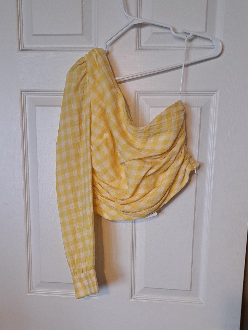 Zara Yellow and White Gingham One-Shoulder Top with Draped Detail